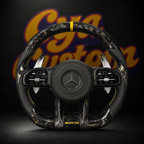 The Gold AMG volant Mercedes carbone forgé or surpiqûres jaunes palettes CYA Custom